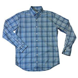 Peter Millar mens M Medium light blue check performance stretch oxford shirt EUC